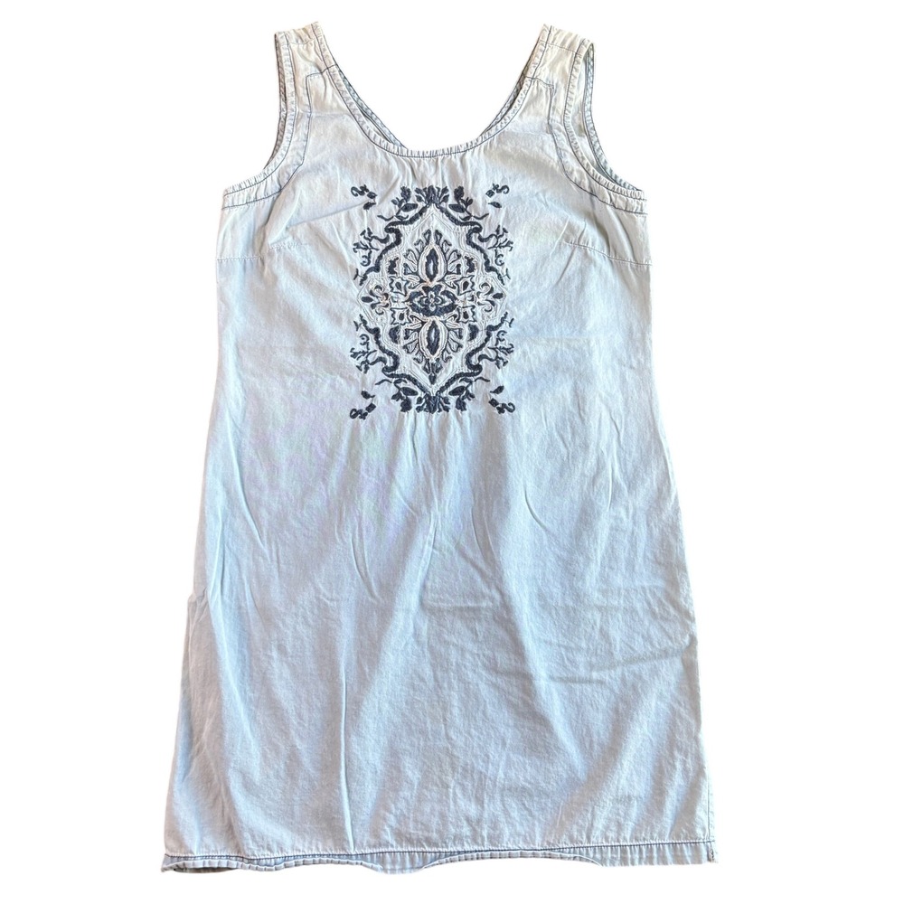 Honigman‎ Light Wash Blue Denim Look Embroidered Shift Dress Sleeveless Size 3